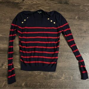 Navy blue and Red Striped nautical Sweater with Gold Button Accents timing large